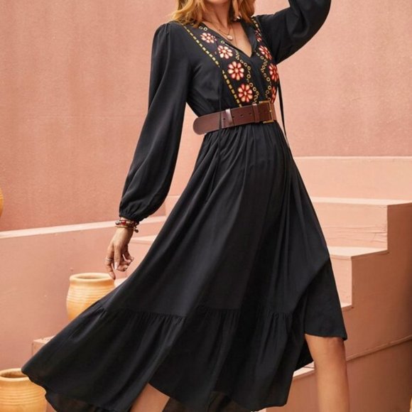 BOHO Flower Embroidered Tie Neck Lantern Sleeve Ruffle maxi dress - Picture 3 of 8